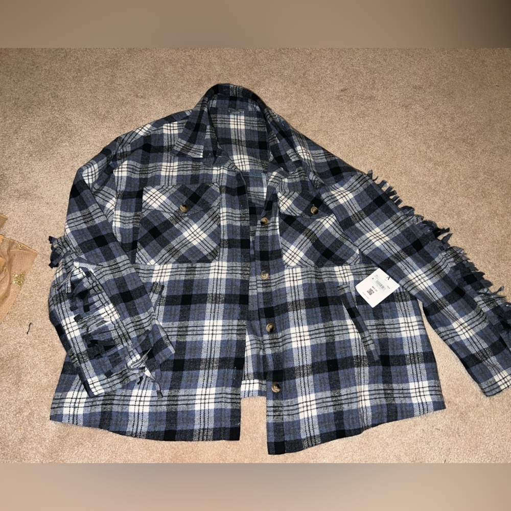 Blue plaid, Arula, fringe jacket